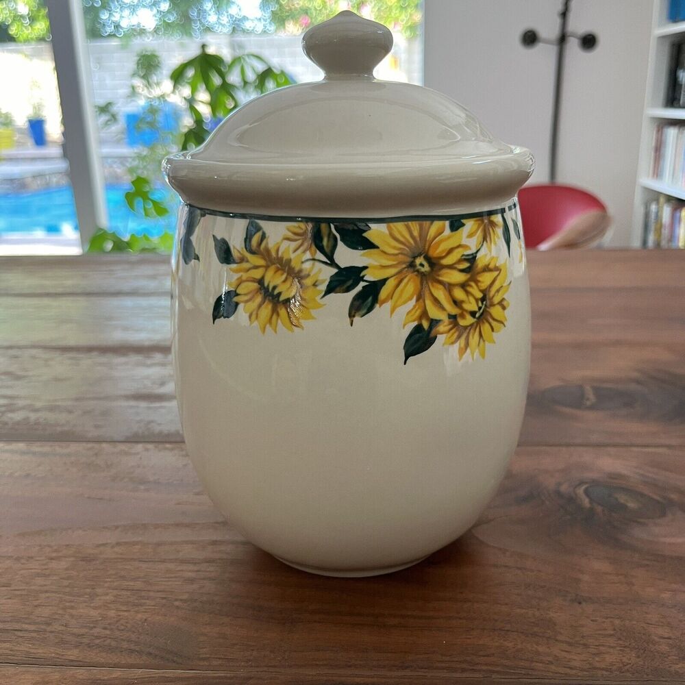 Vintage Thomson Pottery Sunflower Cookie Jar Canister and Lid 8 ⅝"